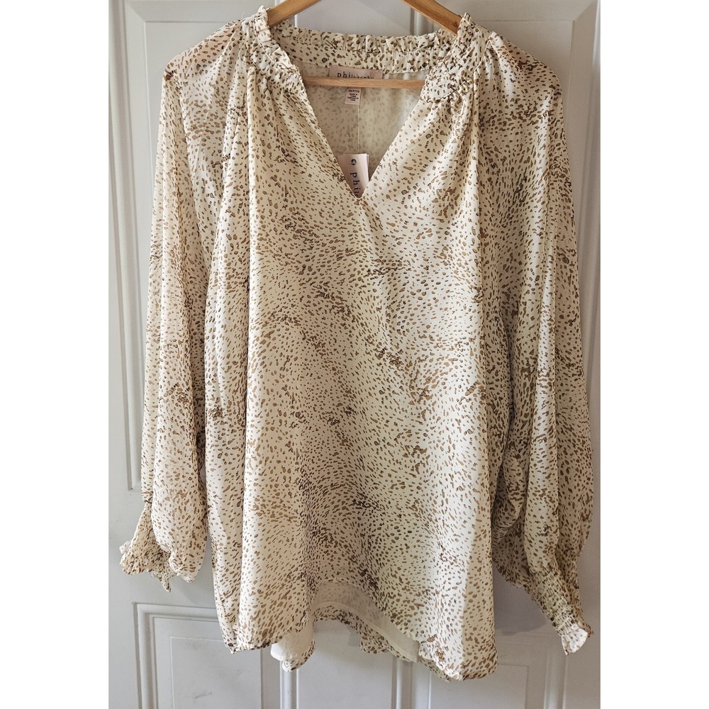 Philosophy Woman Blouse 3X NWT Ivory Animal Print Smocked Long Sleeve Plus